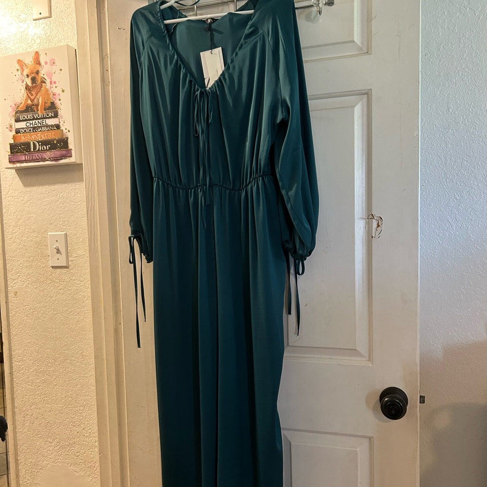 Zara Teal Long Sleeve Maxi Dress with Tie Waist